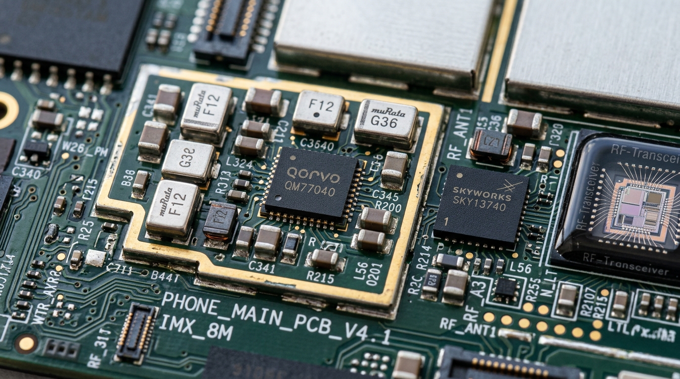 Smartphone motherboard teardown close up view showing RF front end modules