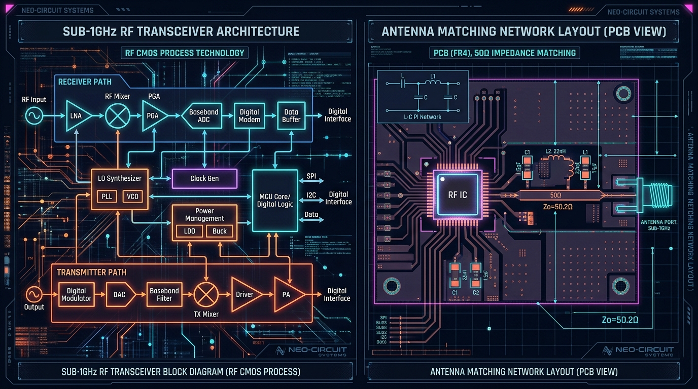 Sub-1G radio frequency transceiver integrated circuit architecture block diagram